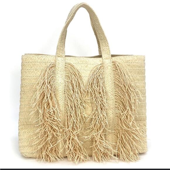 NWT Beyond The Beach BTB JoJo raffia woven straw fringe tote beach bag natural - Picture 1 of 5